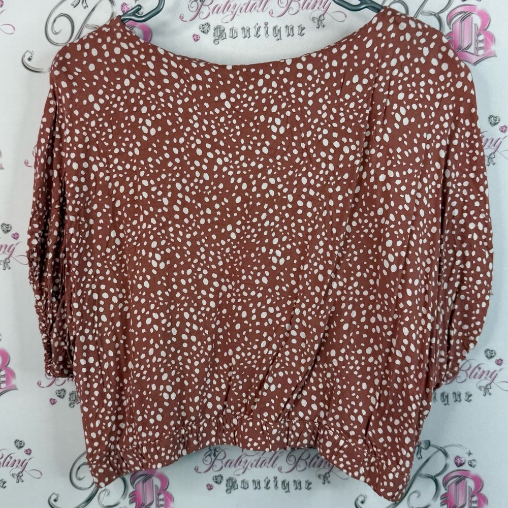 Suzy Sheir T-shirt top cropped orange dotted Women's Brown Polka Dot Top - Picture 2 of 10